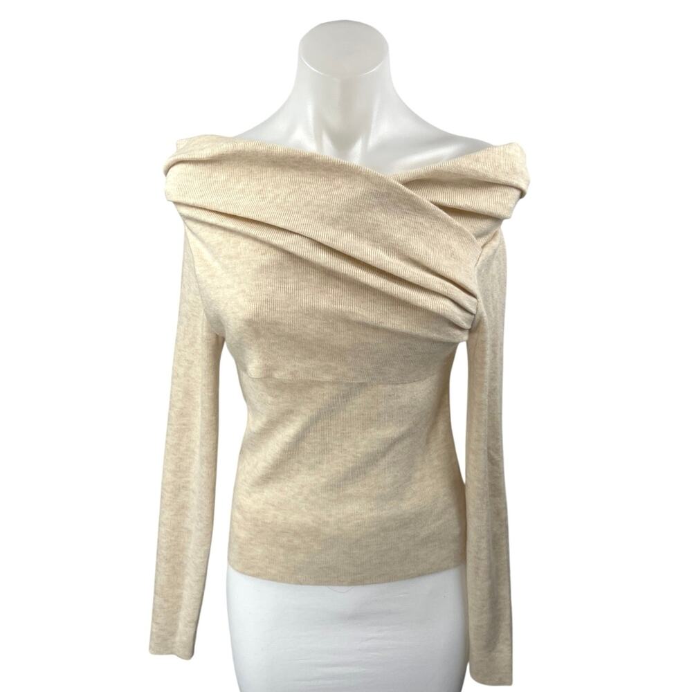Commense Women's Beige Off The Shoulder Long Sleeve Knit Sweater Top Size S